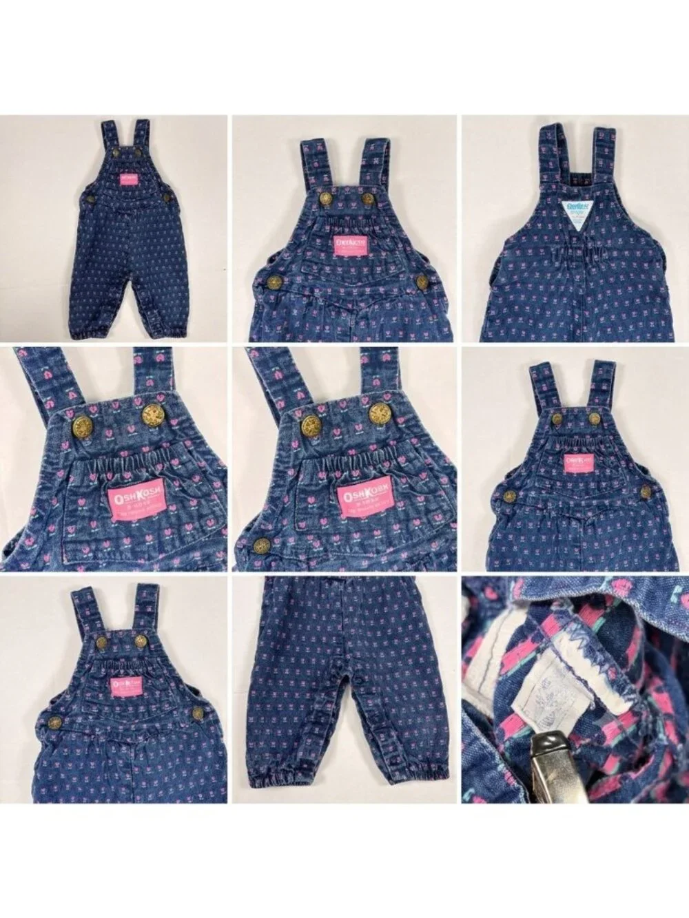 Vintage Oshkosh Baby Girl Tulip Floral Denim Bubble Overalls Romper 6m - 9m